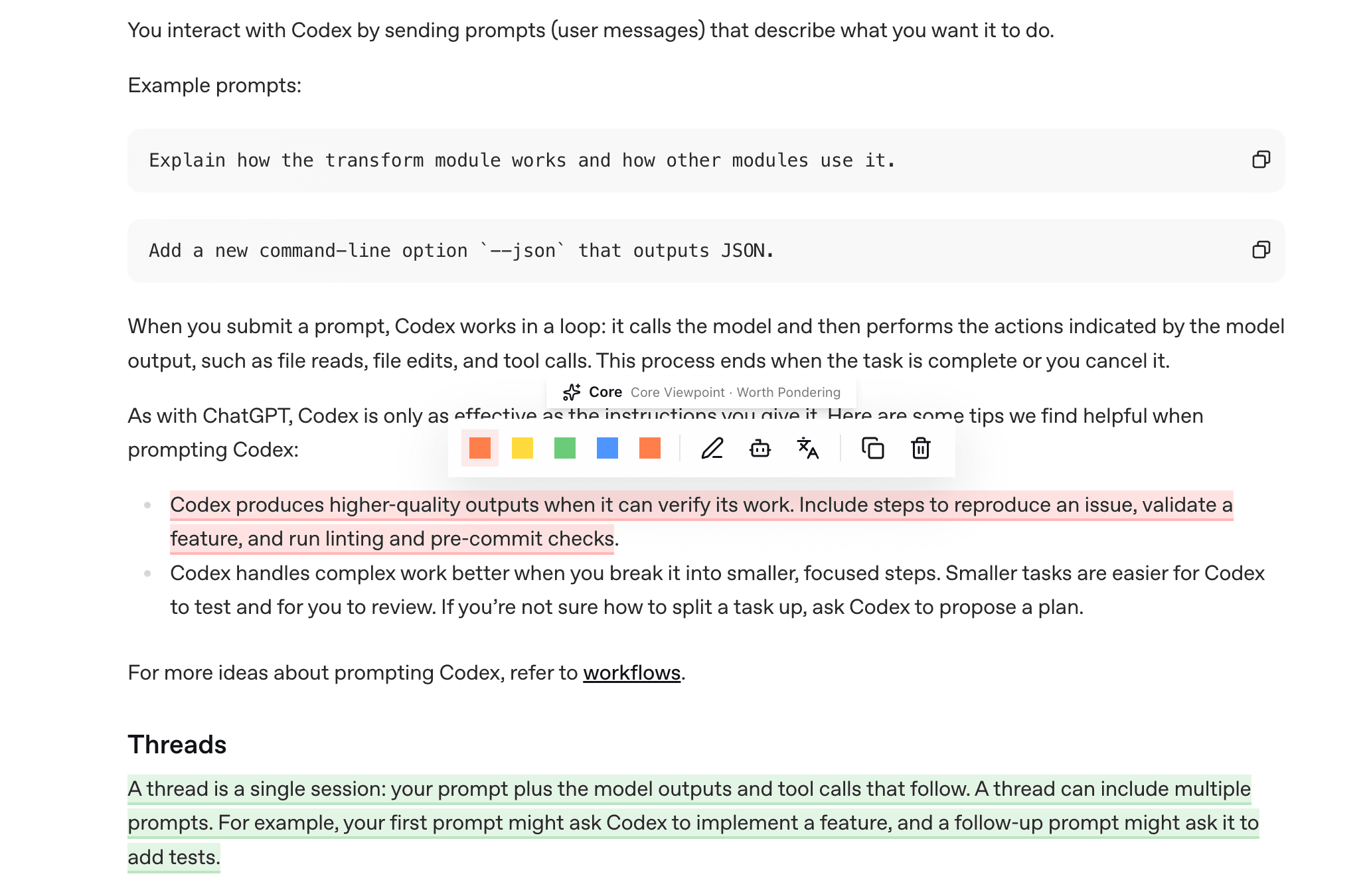 SparkColors highlighting a technical page with AI reading context